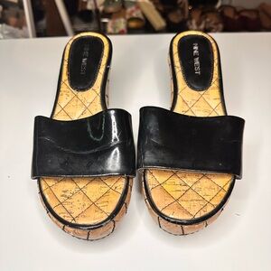 Vintage Nine West Black Patent Slide Mules with Tan Quilted Footbed